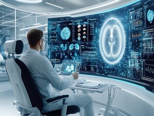 Medical scientist working with brain scans and data on a futuristic computer in a modern laboratory