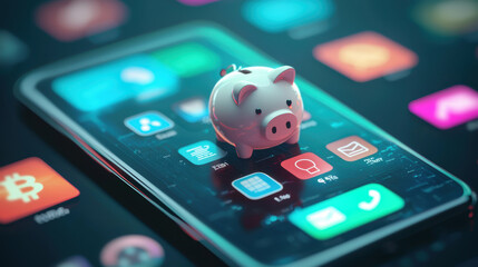 Digital Savings: Piggy Bank Icon on Smartphone for Modern Financial Management Design