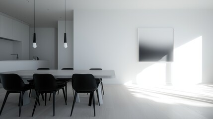 Modern and minimalist dining room with a large window on the right side. the room has white walls and flooring, and the floor is made of light-colored wood.