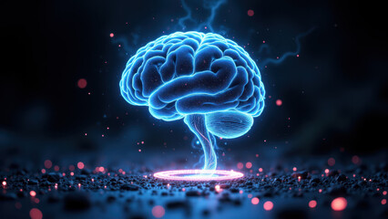 A glowing human brain with electrical energy emanating from it on a dark background.