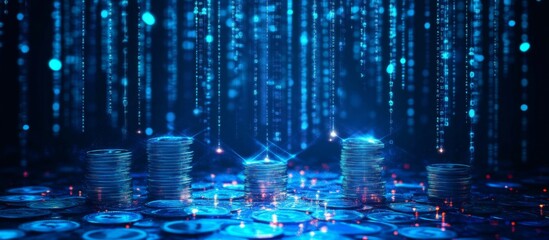 Blue digital background with glowing arrows pointing upwards, symbolizing financial growth, wealth management, and an upward trend in stock market or real estate.