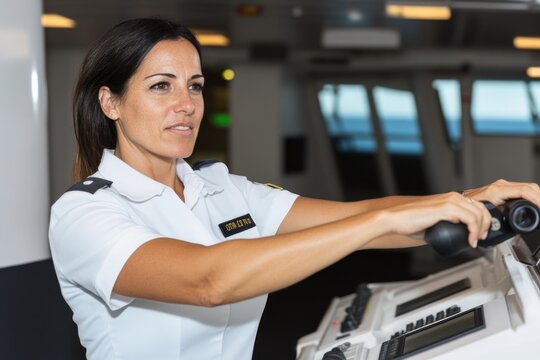 Hispanic female ship captain steering vessel on high seas
