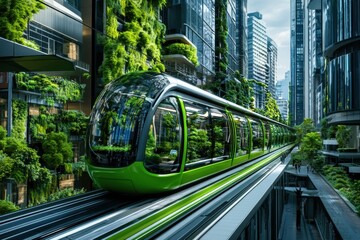 Obraz premium Green futuristic train moving through eco-friendly city with vertical gardens and green buildings