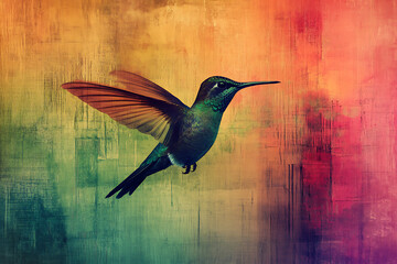 An abstract digital background highlighting the vibrant image of a hummingbird in mid-flight. 