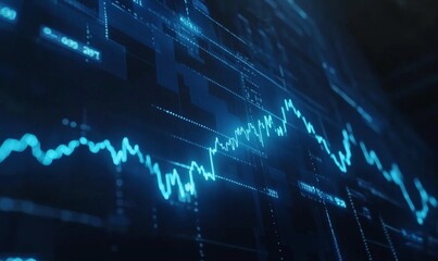 A blue line graph on a screen showing rising and falling lines, with light white lines on a dark background, representing data visualization in a business center or financial stock trading environment