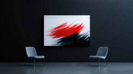 Empty room with two chairs in front of a large abstract painting hanging on the wall.