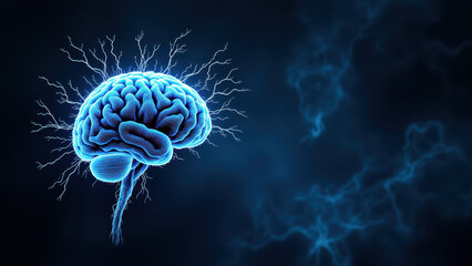 Obraz premium A graphic illustration representing the concept of Artificial General Intelligence with a human brain depicted emitting electrical signals against an energy-like backdrop.