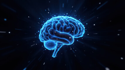 A digital rendering of a human brain with an AI or AGI theme, emphasizing advanced technology and intelligence.