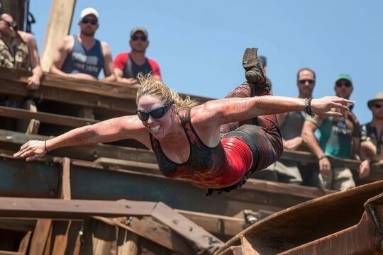 Female participant leaping in muddy obstacle course race event