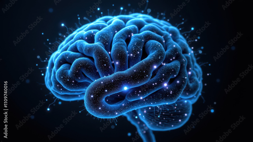 Poster a detailed graphic representation of an artificial brain with a cosmic background symbolizing ai's v