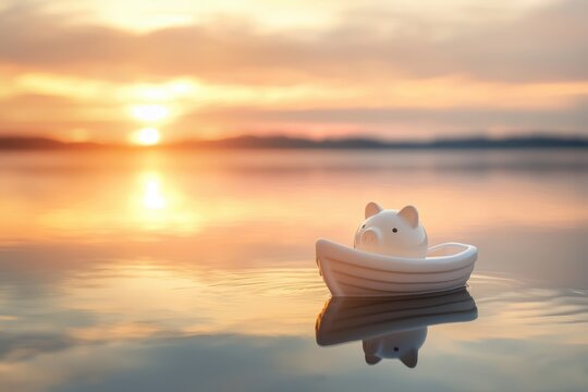 Piggy Bank Boat at Sunset: Symbol of Leisure and Retirement Savings