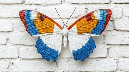 Colorful painted butterfly decor on white brick wall.