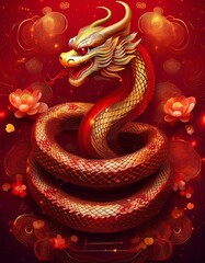 Fototapeta premium Red snake illustration celebrating Chinese New Year with dynamic pose and golden hues. Generative AI