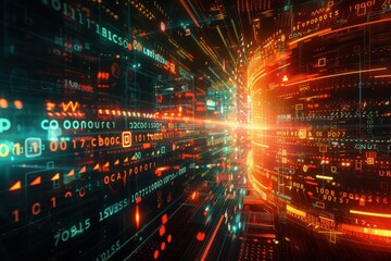 Obraz premium Futuristic digital landscape with flowing data streams and vibrant colors.