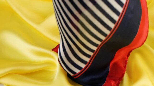 A light silk scarf in blue, white and red stripes falls in soft folds slowly on a bright yellow silk background. Slow motion.