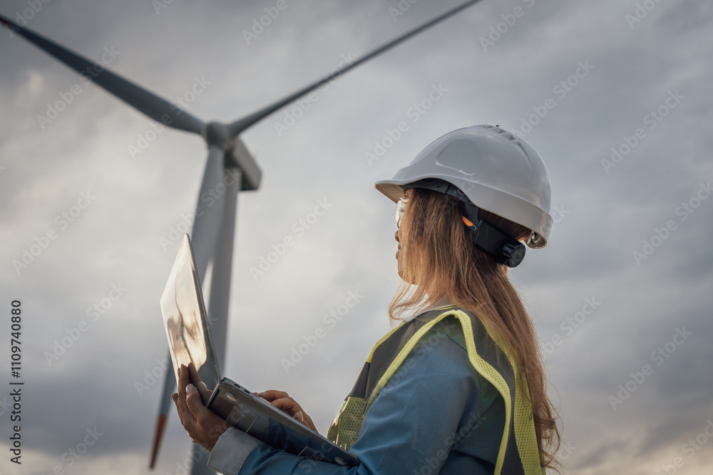 Poster An engineer is actively monitoring the operations of wind turbines using a laptop while working in the renewable energy field, ensuring efficiency and performance in sustainable energy production