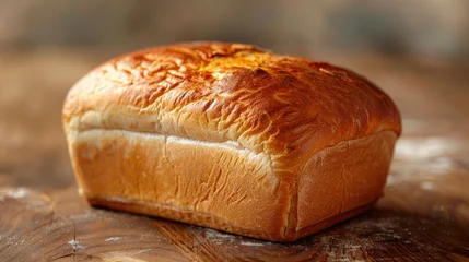 Fotobehang Golden-brown loaf of bread on wooden board. © Fana Art