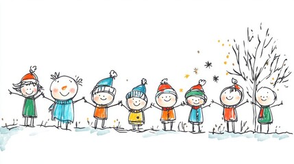 Fototapeta premium Cheerful Cartoon Children Holding Hands in Winter Clothing Celebrating Together in a Snowy Landscape with Trees and Snowflakes, Perfect for Holiday Themes and Seasonal Decor