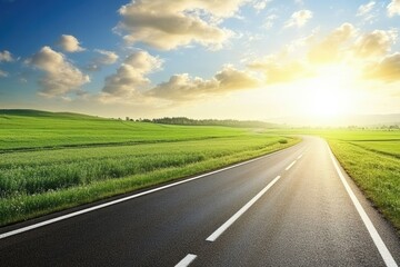 Fototapeta premium Stunning Sunrise Over Rural Highways: Scenic Asphalt Roads Illuminated by Morning Light