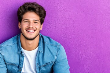 Fototapeta premium Smiling young hispanic male in denim jacket against purple background