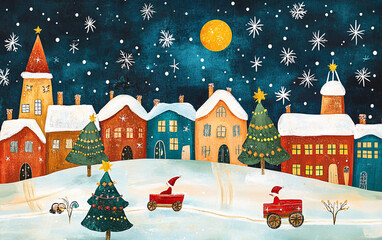 Naklejka premium Charming Winter Village Scene with Snow-Covered Rooftops, Colorful Houses, Starry Night Sky, and Festive Glow, Highlighting Peaceful Holiday Atmosphere