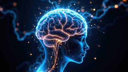 3D rendering of a human head with glowing brain and blue lightning, representing artificial general intelligence or agi.