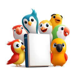 Fototapeta premium Colorful cartoon birds holding a blank book, showcasing friendship and creativity in a cheerful setting