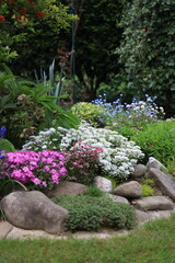 Beautiful colorful spring rock garden, blooming flowers