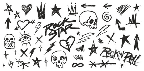 Rock star themed doodles of skulls and stars