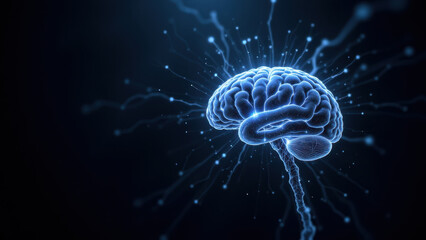 Fototapeta premium A digital illustration of a human brain with glowing blue synapses signifying artificial general intelligence.