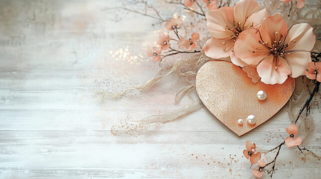 Decorative heart and floral elements adorn a scrapbook page, creating a perfect background for Valentine\'s Day memories