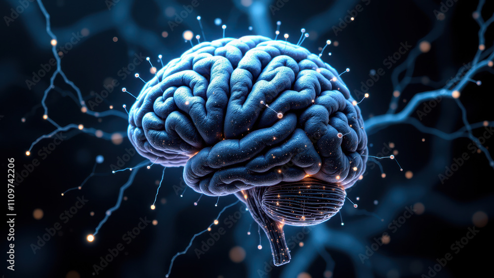 Poster an artistic representation of artificial general intelligence with a human brain model at its core, 