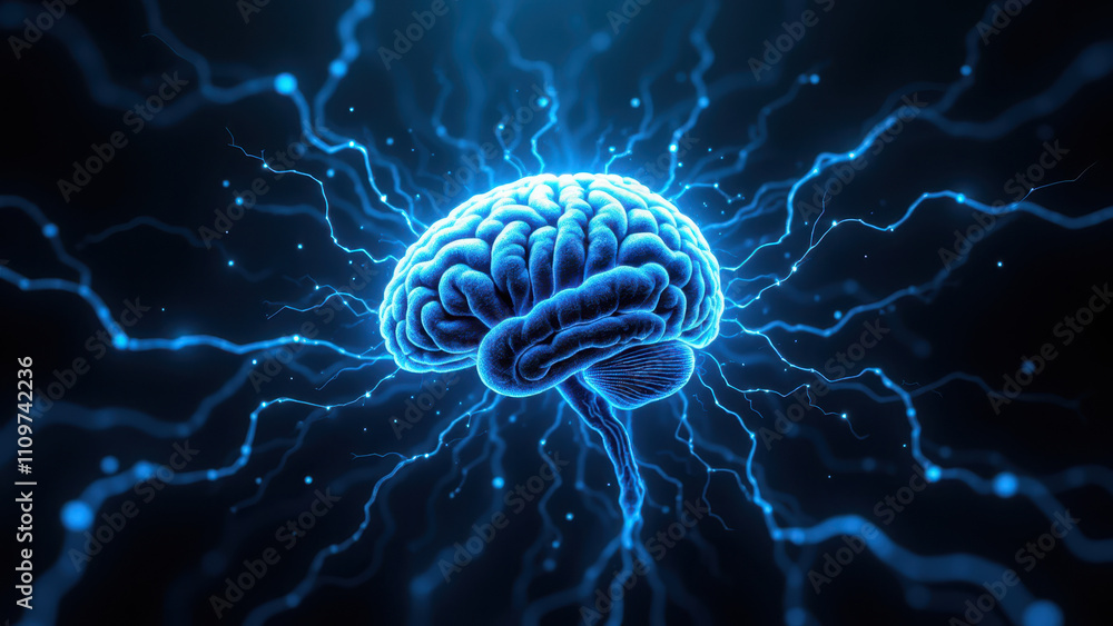 Poster a vibrant image illustrating artificial general intelligence with a human brain at its core.