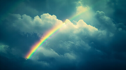 Fototapeta premium Rainbow Across Stormy Sky: The graceful arc of a rainbow spanning across a stormy sky, contrasting with the dark clouds and adding a splash of color.