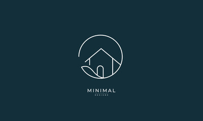 A line art icon logo of a house / home with a leaf circle	
