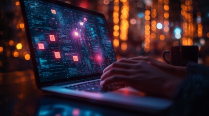  Programmer working on code at night with glowing screen in cozy ambient setting, showcasing software development, cybersecurity, and technology