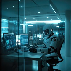 Fototapeta premium A humanoid robot works at a modern desk, showcasing advanced AI integration, automation, and the future of intelligent systems in professional environments.