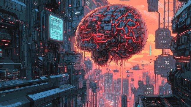 Futuristic city; giant brain; cyberpunk art.