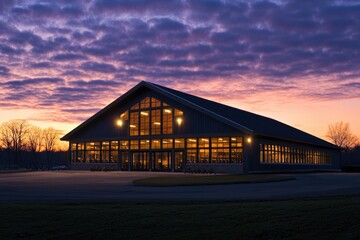 Obraz premium Illuminated Exterior of Spacious Gym Warehouse at Night Under Starry Sky