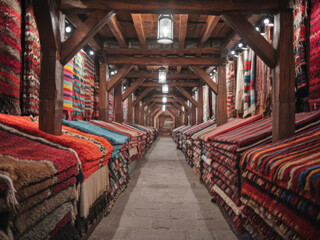 Tienda de alfombras marroquíes con un laberinto de pasillos llenos de alfombras coloridas
