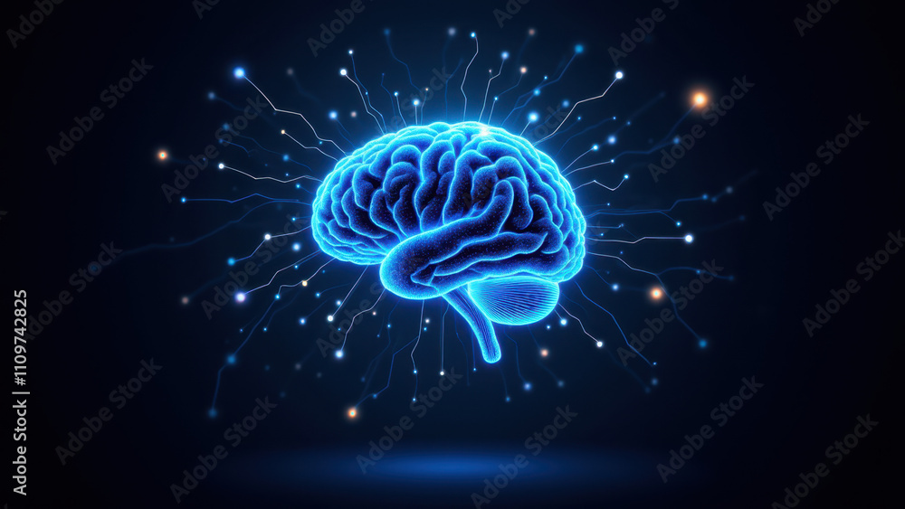 Poster brain-inspired a.i. concept with exploding blue energy, symbolizing power or enlightenment.