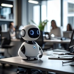 A cute AI-powered companion robot sits on a desk in a cozy workspace, highlighting innovation in robotics, smart technology, and the integration of AI into daily life.