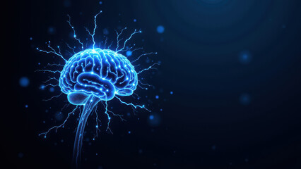 Fototapeta premium 3D rendering of a human brain with bright blue lightning bolts emanating from it, symbolizing artificial intelligence (AGI) and the concept of an electric mind.