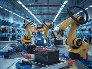 Robots trabajando en una fábrica, ensamblando baterías eléctricas
