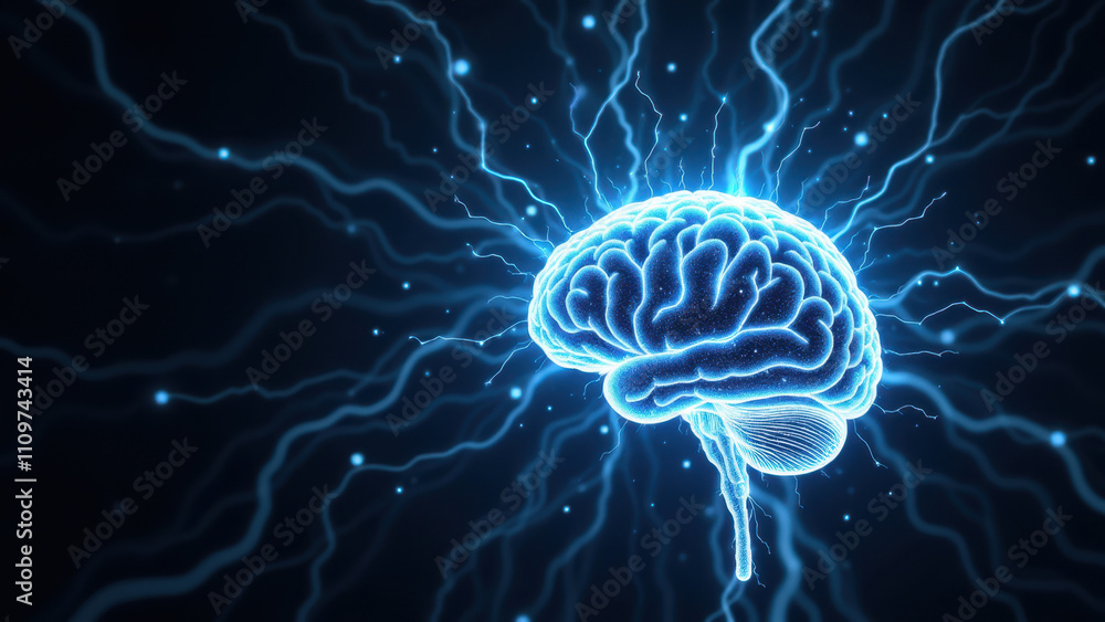 Poster a visual representation of artificial general intelligence with a brain structure emitting electrica