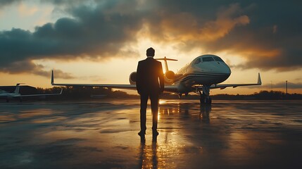 Fototapeta premium Businessman standing before private jet at sunset.