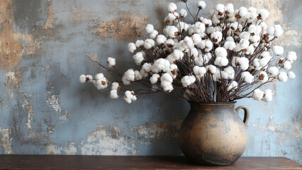 Delicate cotton stems in a simple vase, creating a serene and rustic still life