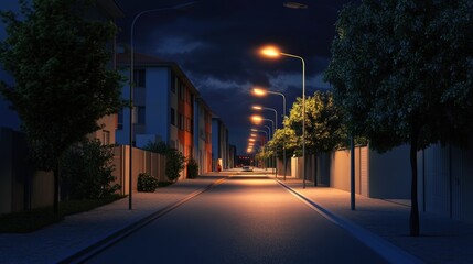 Obraz premium Illuminated Evening: Modern LED Street Lights Brighten a Dark Asphalt Road in a Quiet European City