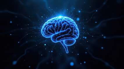 Fototapeta premium Illustration of a human brain with blue neural waves, symbolizing artificial general intelligence (AGI).