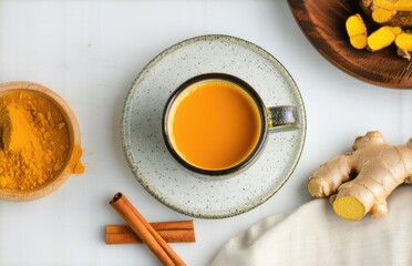 drink with turmeric, ginger, cinnamon on the table, top view, empty space for text